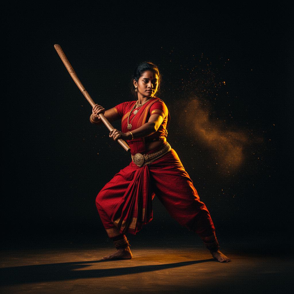 Kalaripayattu practitioner in a long-stick stance, lit by warm light against a deep charcoal background